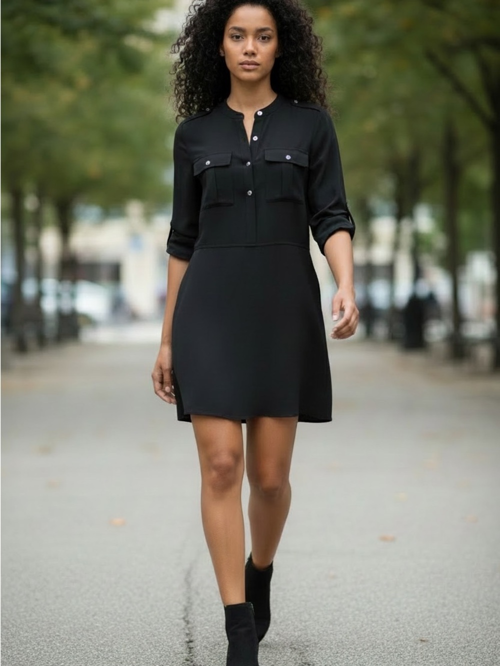 Cache Black Button-Up Dress with Roll-Tab Sleeves Size 2